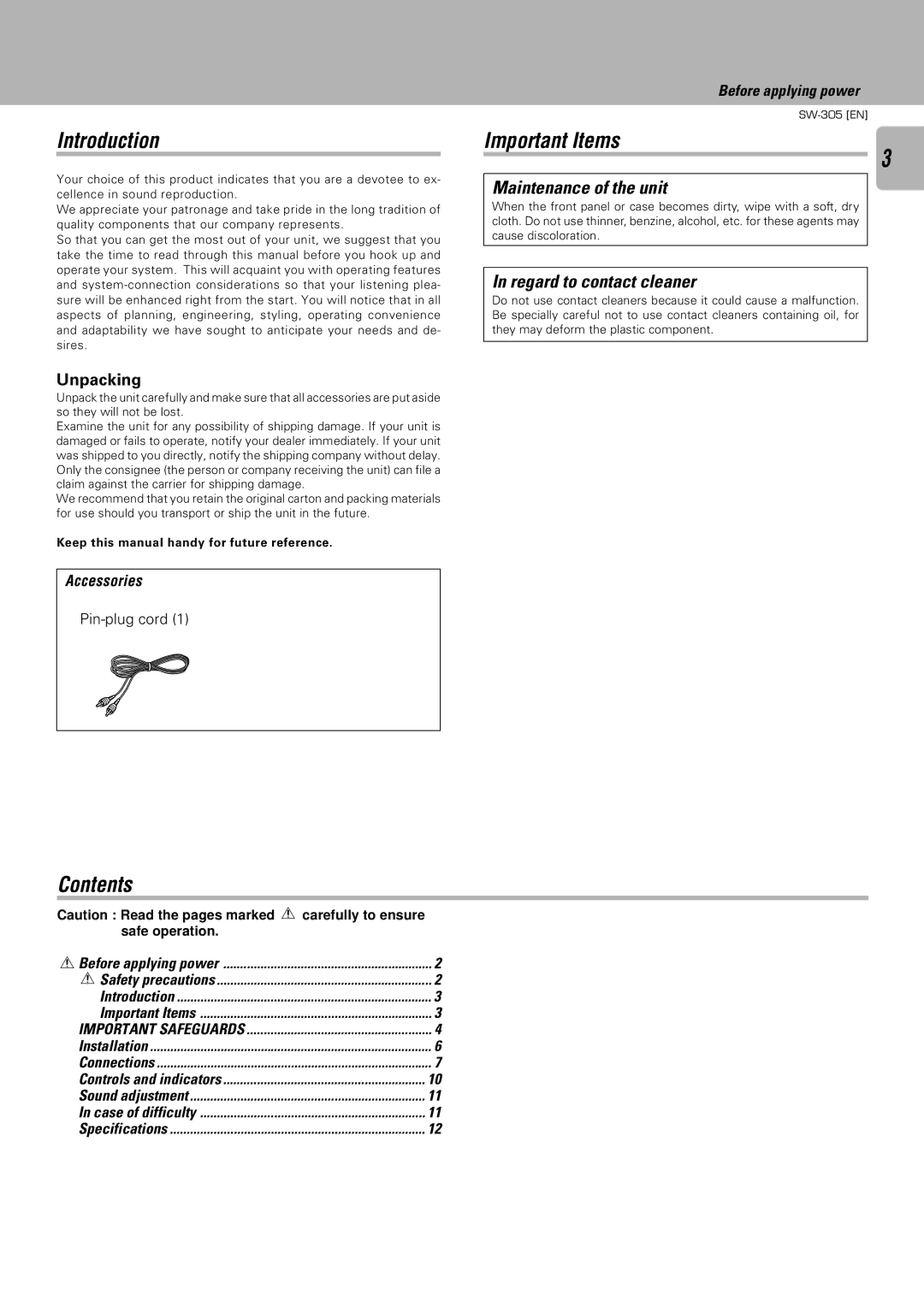 Kenwood SW-505D, SW-305 instruction manual Introduction 