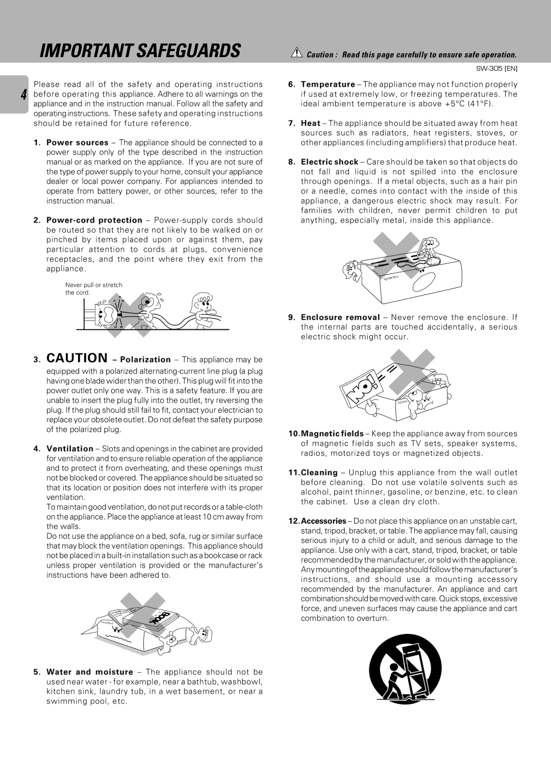 Kenwood SW-305, SW-505D instruction manual Important Safeguards 