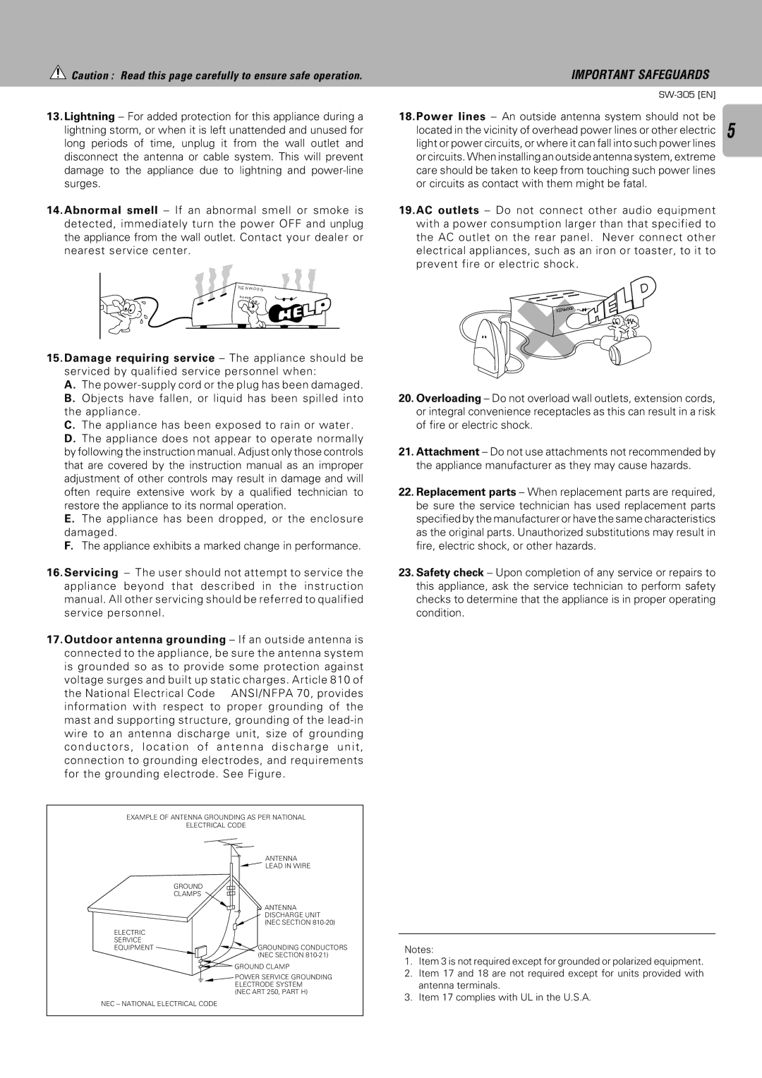 Kenwood SW-505D, SW-305 instruction manual Important Safeguards 