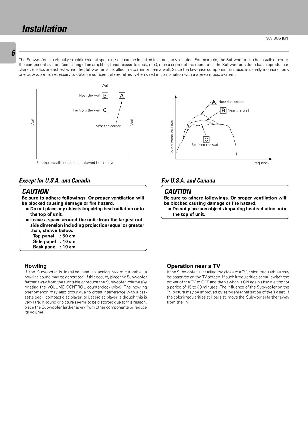 Kenwood SW-305, SW-505D instruction manual Installation, Howling, Operation near a TV, Side panel, Back panel 