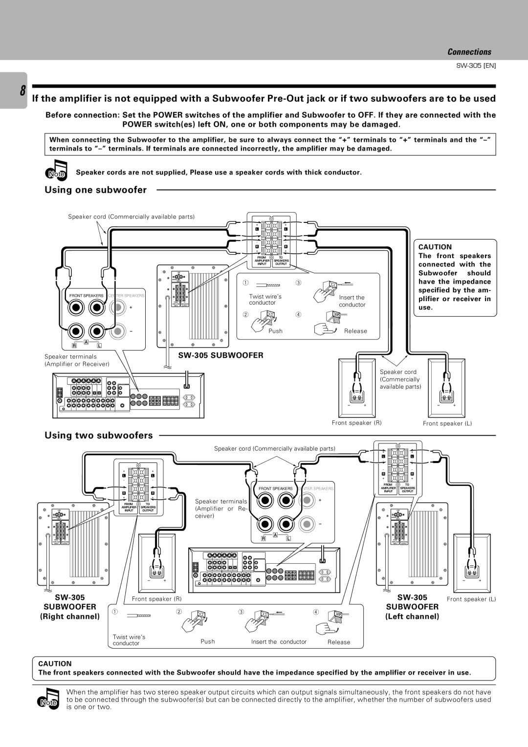 Kenwood SW-305, SW-505D instruction manual Using one subwoofer, Using two subwoofers, Right channel 