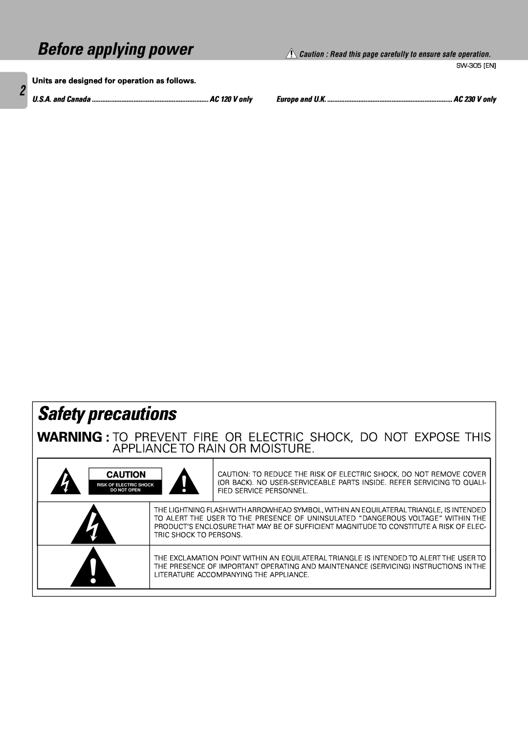 Kenwood SW-305 Safety precautions, Before applying power, Caution Read this page carefully to ensure safe operation 