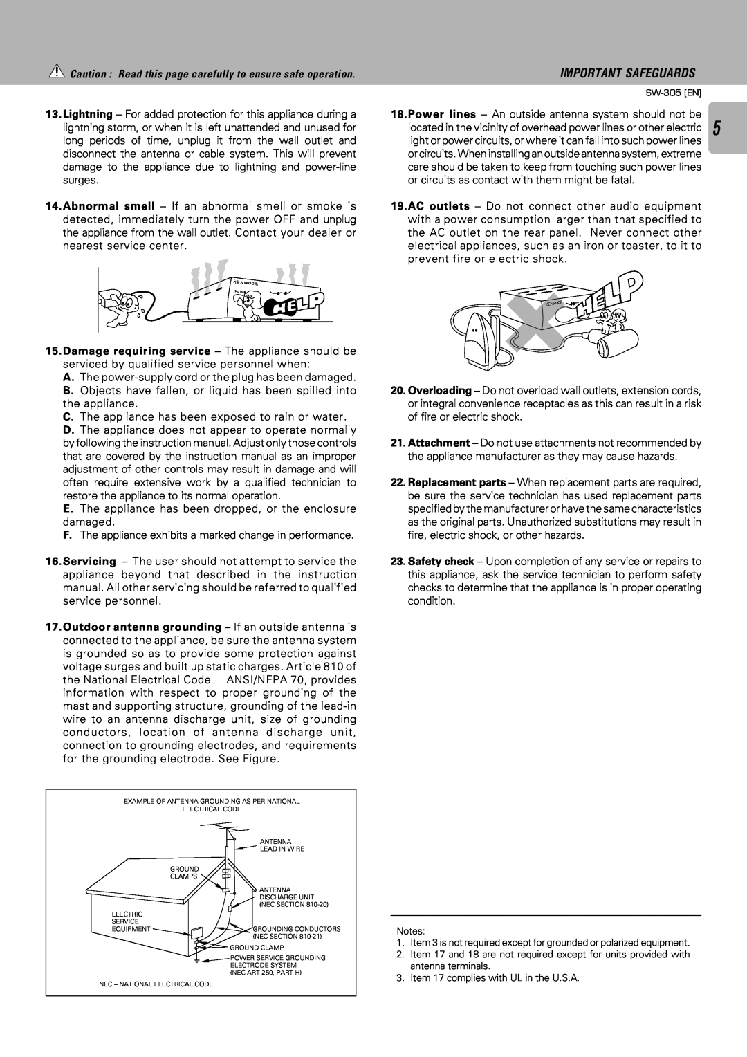 Kenwood SW-505D, SW-305 instruction manual Important Safeguards, Caution Read this page carefully to ensure safe operation 