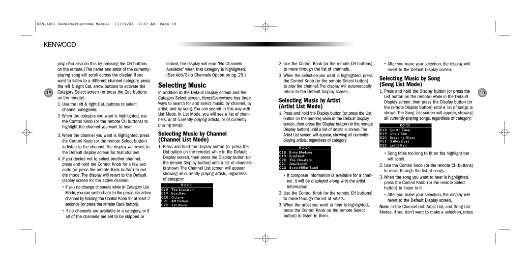 Kenwood SYSTEM-H2EV Selecting Music by Artist Artist List Mode, Selecting Music by Song Song List Mode 