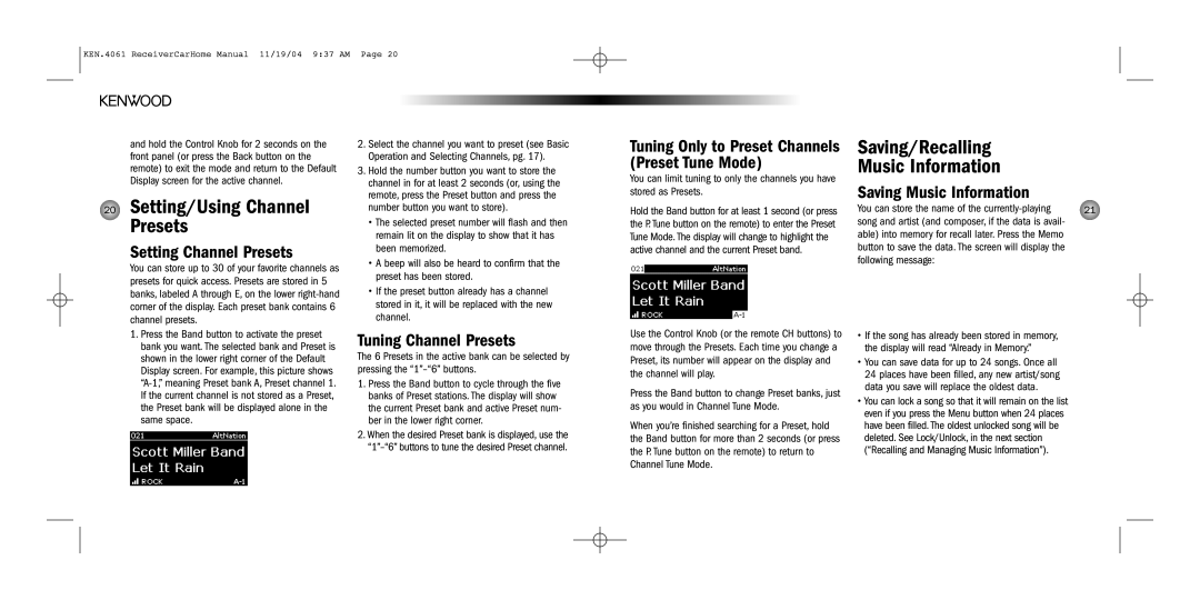 Kenwood SYSTEM-H2EV Setting/Using Channel Presets, Saving/Recalling Music Information, Setting Channel Presets 