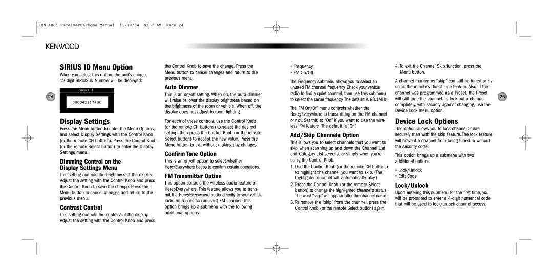 Kenwood SYSTEM-H2EV installation manual Sirius ID Menu Option, Display Settings, Device Lock Options 