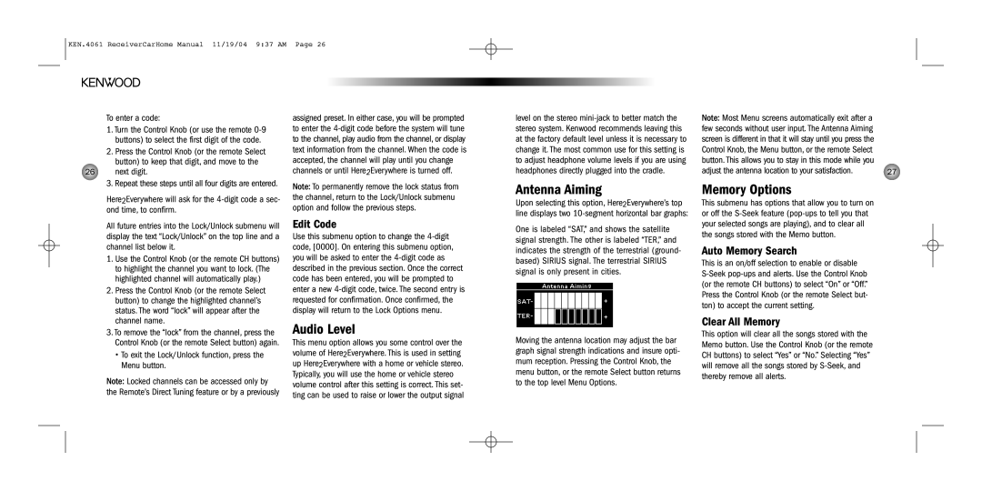 Kenwood SYSTEM-H2EV installation manual Audio Level, Antenna Aiming, Memory Options 