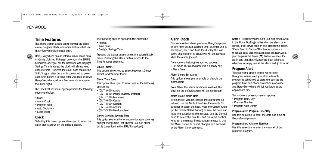 Kenwood SYSTEM-H2EV installation manual Time Features, Alarm Clock, Program Alert 