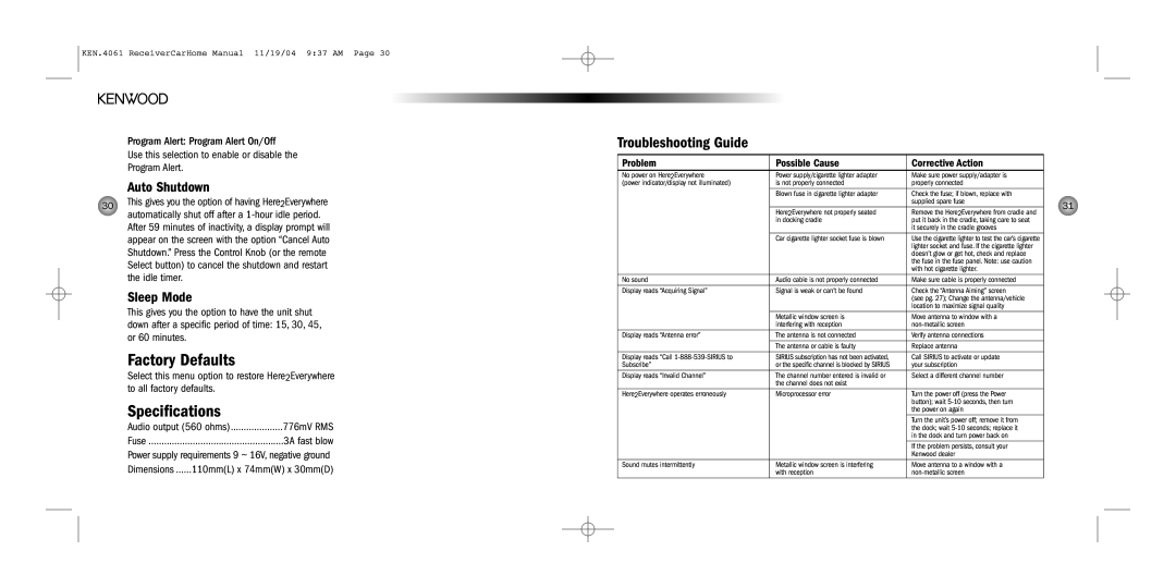 Kenwood SYSTEM-H2EV installation manual Factory Defaults, Specifications, Auto Shutdown, Sleep Mode 