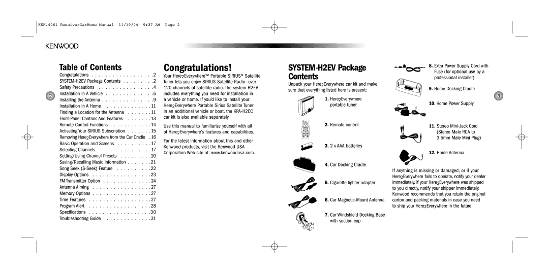 Kenwood installation manual Table of Contents, SYSTEM-H2EV Package Contents 