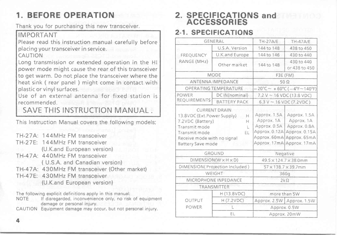 Kenwood TH-27A, TH-47E, TH-47A, TH-27E manual 