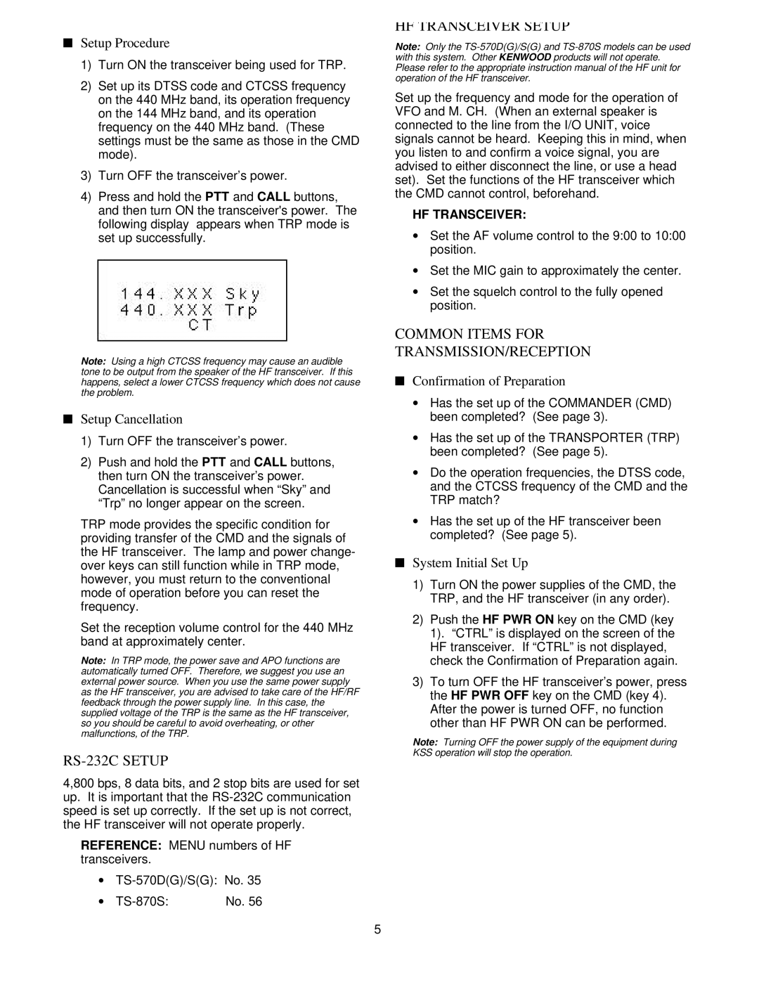 Kenwood TH-79AKSS RS-232C Setup, HF Transceiver Setup, Common Items for TRANSMISSION/RECEPTION, System Initial Set Up 