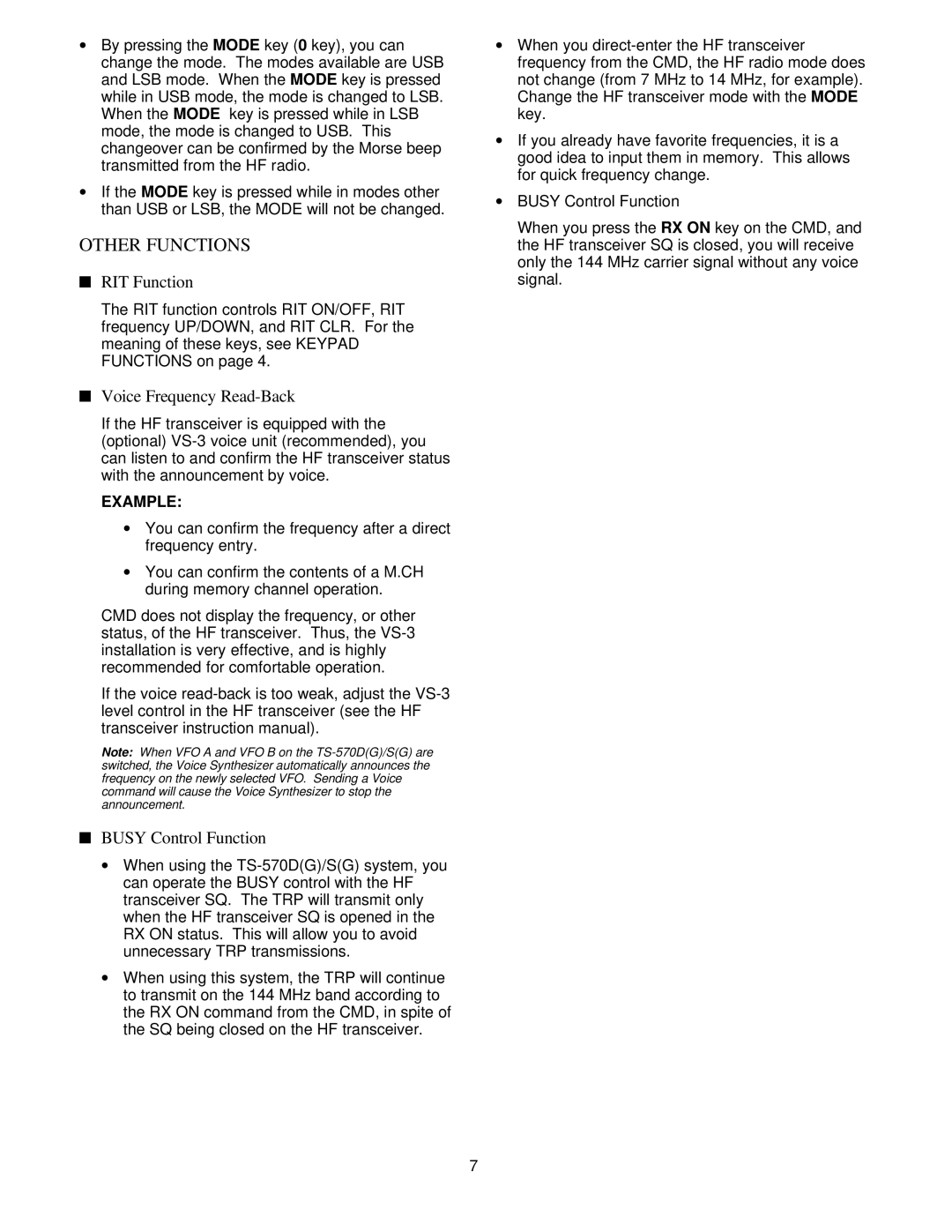 Kenwood TH-79AKSS operation manual Other Functions, RIT Function, Voice Frequency Read-Back, Busy Control Function, Example 