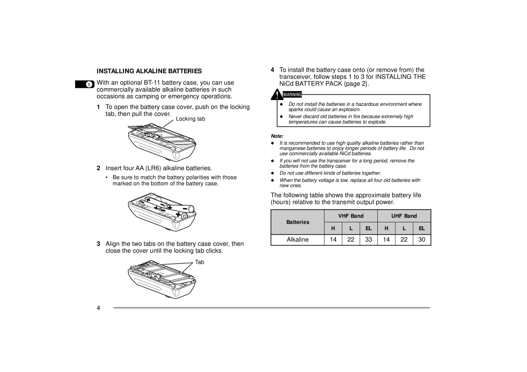 Kenwood 440 MHz TH-D7A, 144 instruction manual Installing Alkaline Batteries, 10 2 Insert four AA LR6 alkaline batteries 