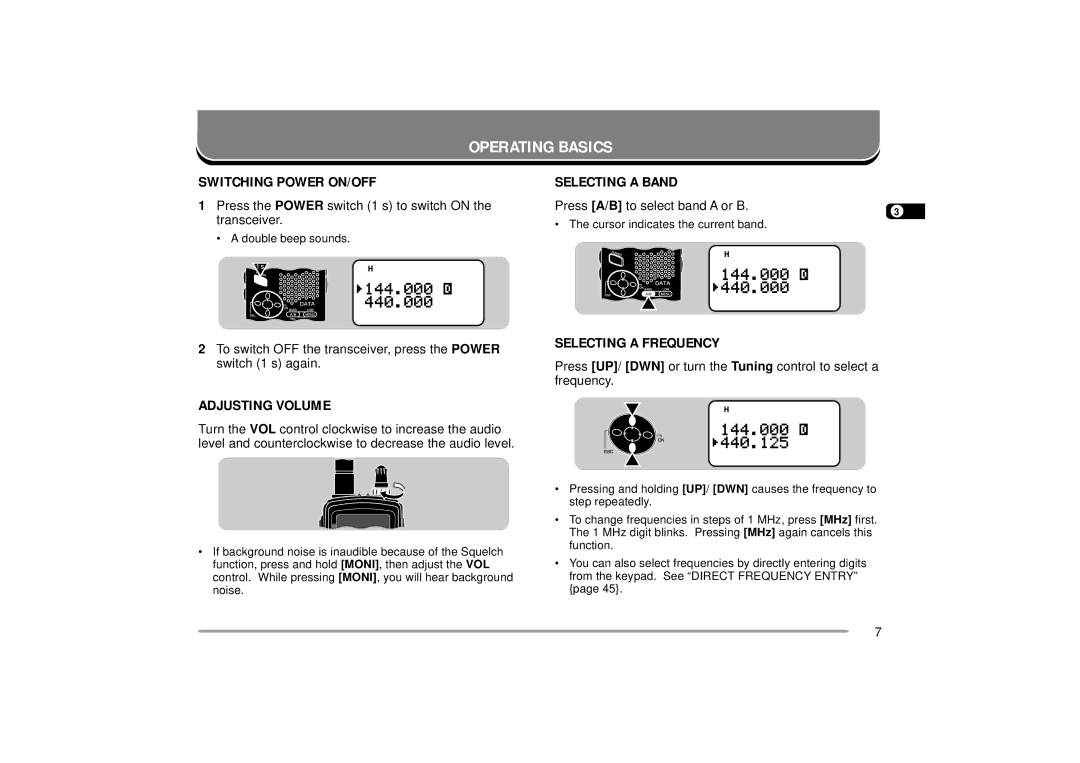 Kenwood 440 MHz TH-D7A Operating Basics, Switching Power ON/OFF, Adjusting Volume, Selecting a Band, Selecting a Frequency 