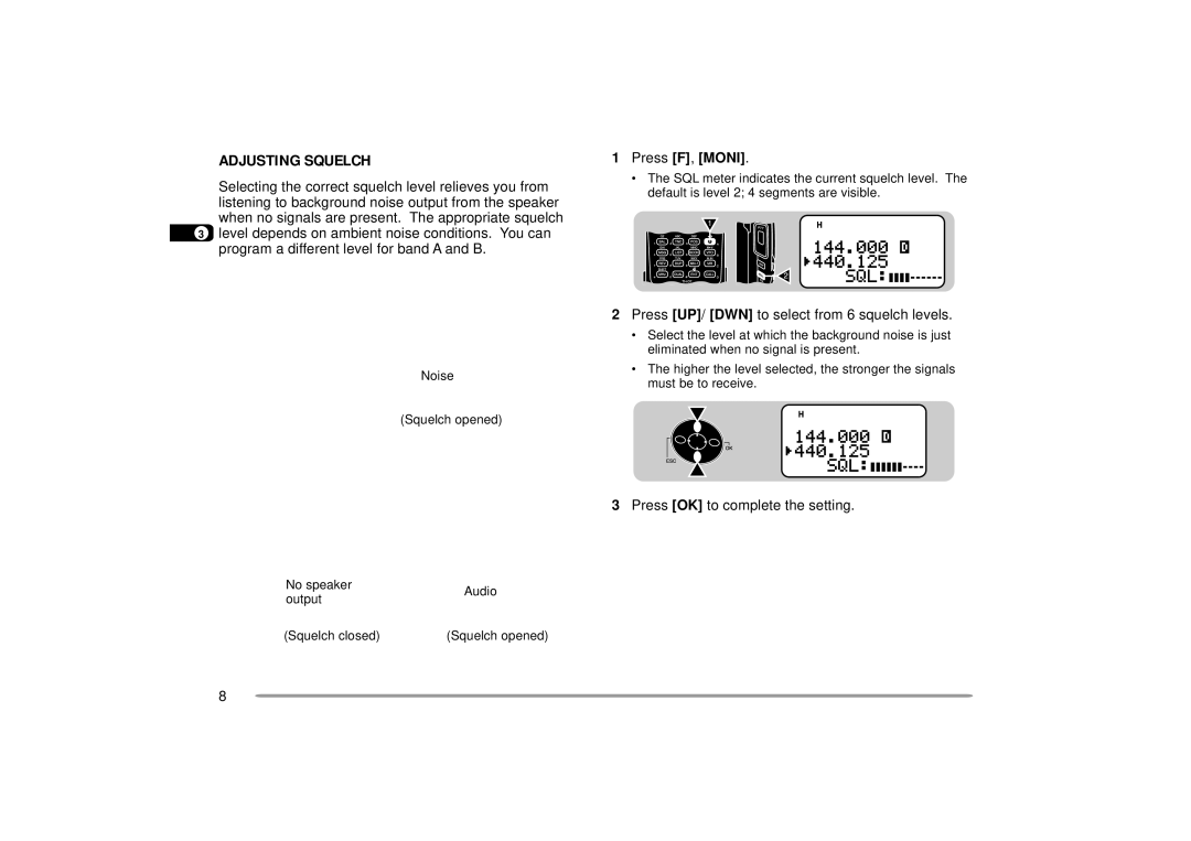 Kenwood 144, 440 MHz TH-D7A Adjusting Squelch, Press F, Moni, Press UP/ DWN to select from 6 squelch levels 