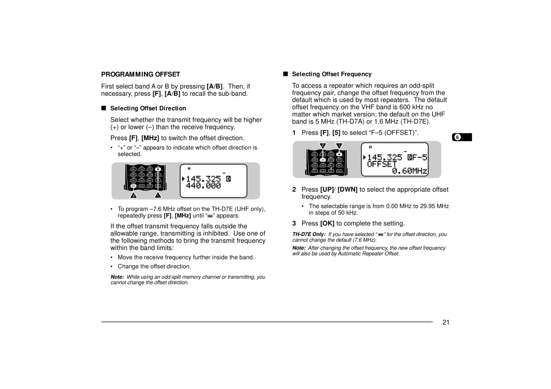 Kenwood 144, TH-D7A Programming Offset, Press UP/ DWN to select the appropriate offset Frequency, Within the band limits 