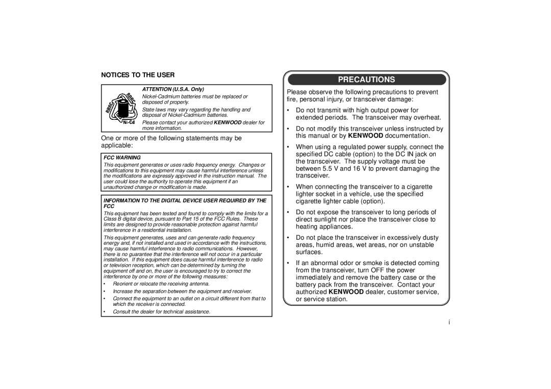 Kenwood 440 MHz TH-D7A, 144 instruction manual Precautions, One or more of the following statements may be applicable 