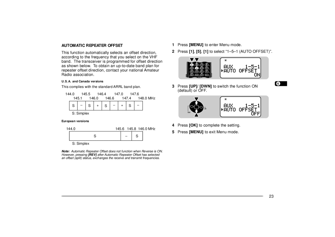 Kenwood 440 MHz TH-D7A, 144 instruction manual Automatic Repeater Offset, A. and Canada versions 