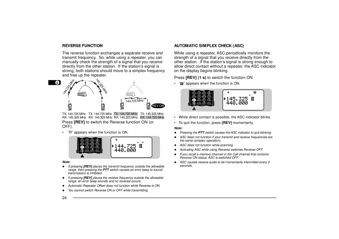 Kenwood 144, TH-D7A Reverse Function, Automatic Simplex Check ASC, Press REV to switch the Reverse function on or 13 OFF 