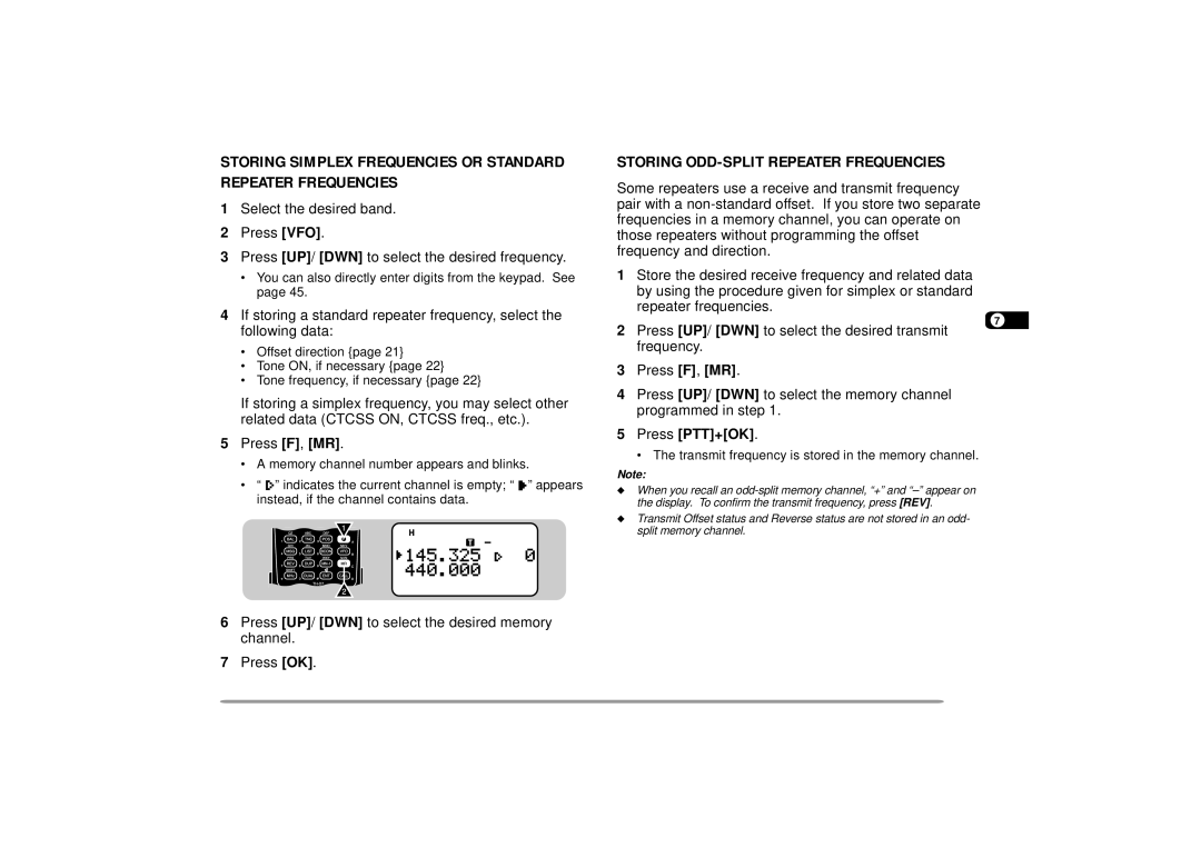 Kenwood 144, 440 MHz TH-D7A instruction manual Press UP/ DWN to select the desired memory channel Press OK, Press PTT+OK 