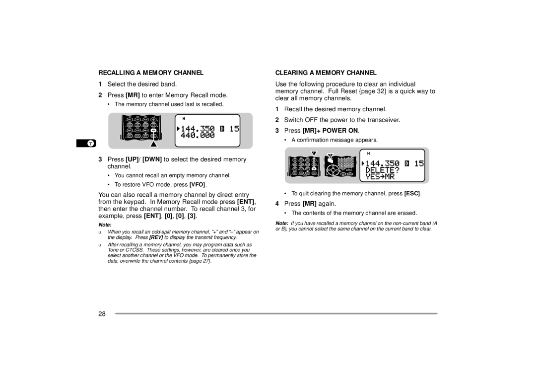 Kenwood TH-D7A Recalling a Memory Channel, Clearing a Memory Channel, Press UP/ DWN to select the desired memory Channel 