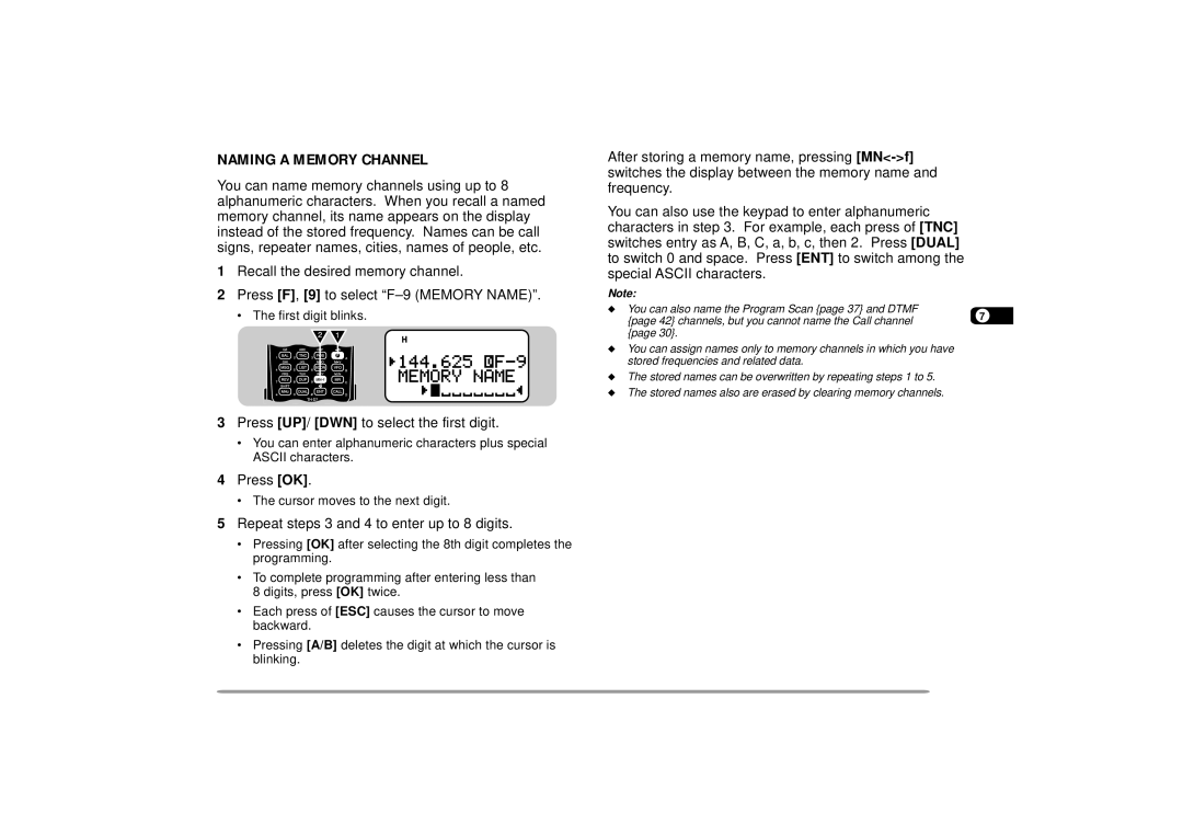 Kenwood 440 MHz TH-D7A, 144 instruction manual Naming a Memory Channel, Press UP/ DWN to select the first digit 