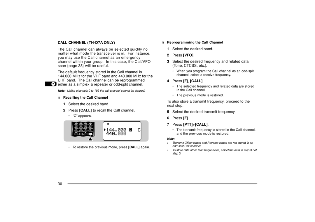 Kenwood 144, 440 MHz TH-D7A instruction manual Call Channel TH-D7A only, Press VFO, Press PTT+CALL 