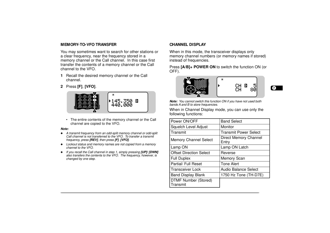 Kenwood 440 MHz TH-D7A, 144 instruction manual MEMORY-TO-VFO Transfer, Channel Display 