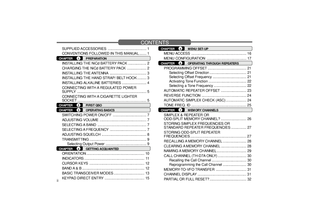 Kenwood 440 MHz TH-D7A, 144 instruction manual Contents 