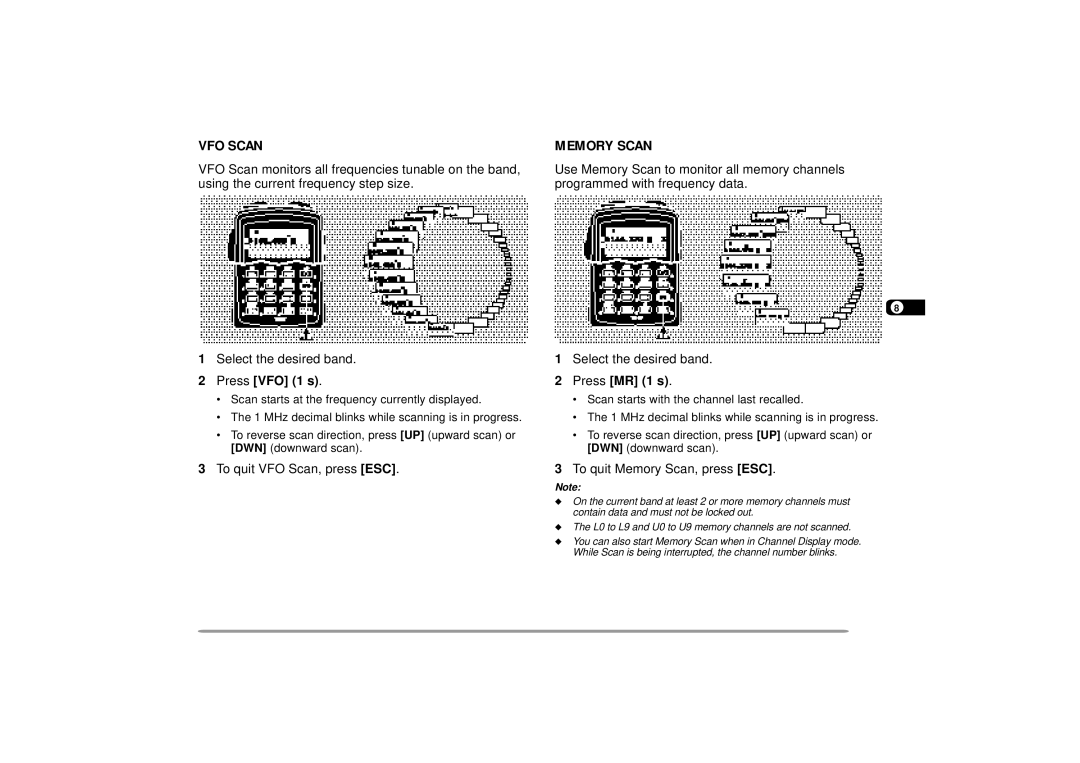 Kenwood 440 MHz TH-D7A, 144 instruction manual VFO Scan, Memory Scan, Press VFO 1 s, Press MR 1 s 