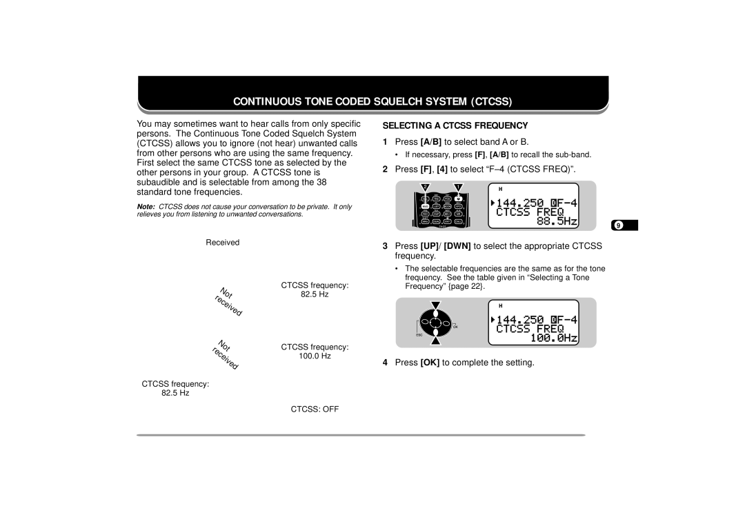 Kenwood 144 Continuous Tone Coded Squelch System Ctcss, Selecting a Ctcss Frequency, Press F, 4 to select F-4 Ctcss Freq 