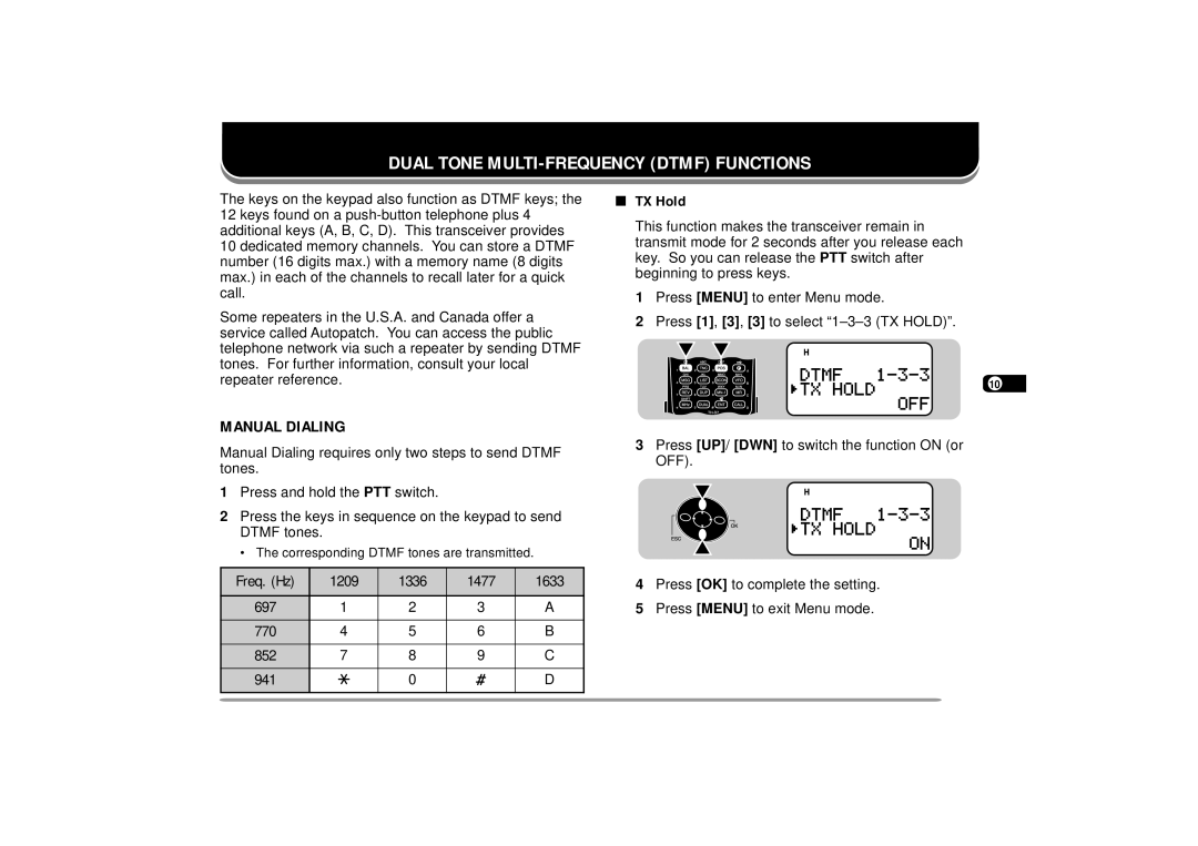 Kenwood 440 MHz TH-D7A, 144 Dual Tone MULTI-FREQUENCY Dtmf Functions, Manual Dialing, Freq. Hz 1209 1336 1477 1633 