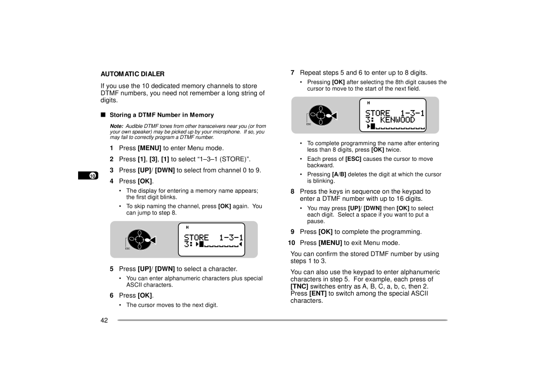 Kenwood 144, 440 MHz TH-D7A instruction manual Automatic Dialer, Press UP/ DWN to select a character, Press OK 