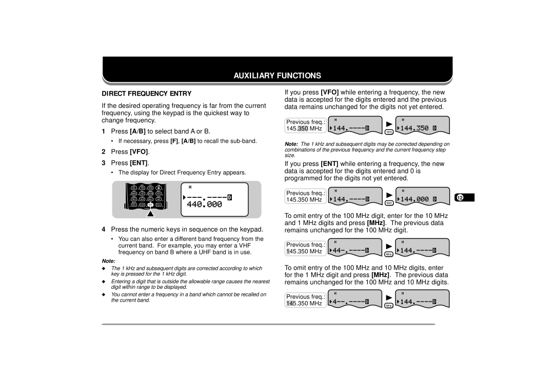 Kenwood 144, TH-D7A Auxiliary Functions, Direct Frequency Entry, Data is accepted for the digits entered and 0 is 