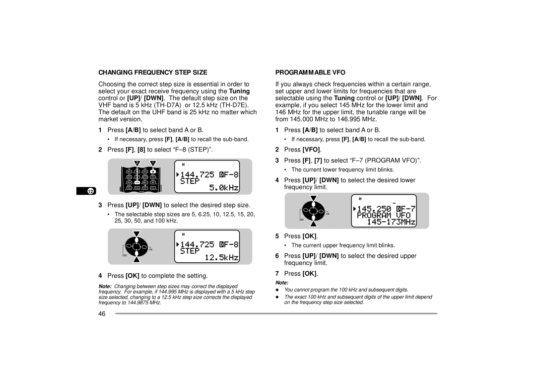 Kenwood 440 MHz TH-D7A, 144 instruction manual Changing Frequency Step Size, Programmable VFO 