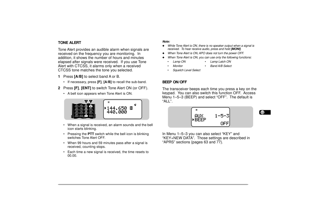 Kenwood 440 MHz TH-D7A, 144 instruction manual Beep ON/OFF, Press F, ENT to switch Tone Alert on or OFF 