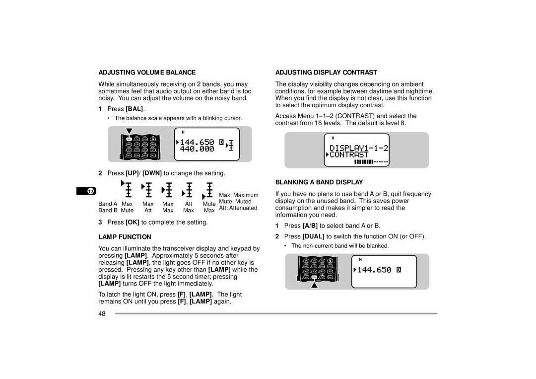 Kenwood 144 Adjusting Volume Balance, Lamp Function, Adjusting Display Contrast, Blanking a Band Display, Press BAL 