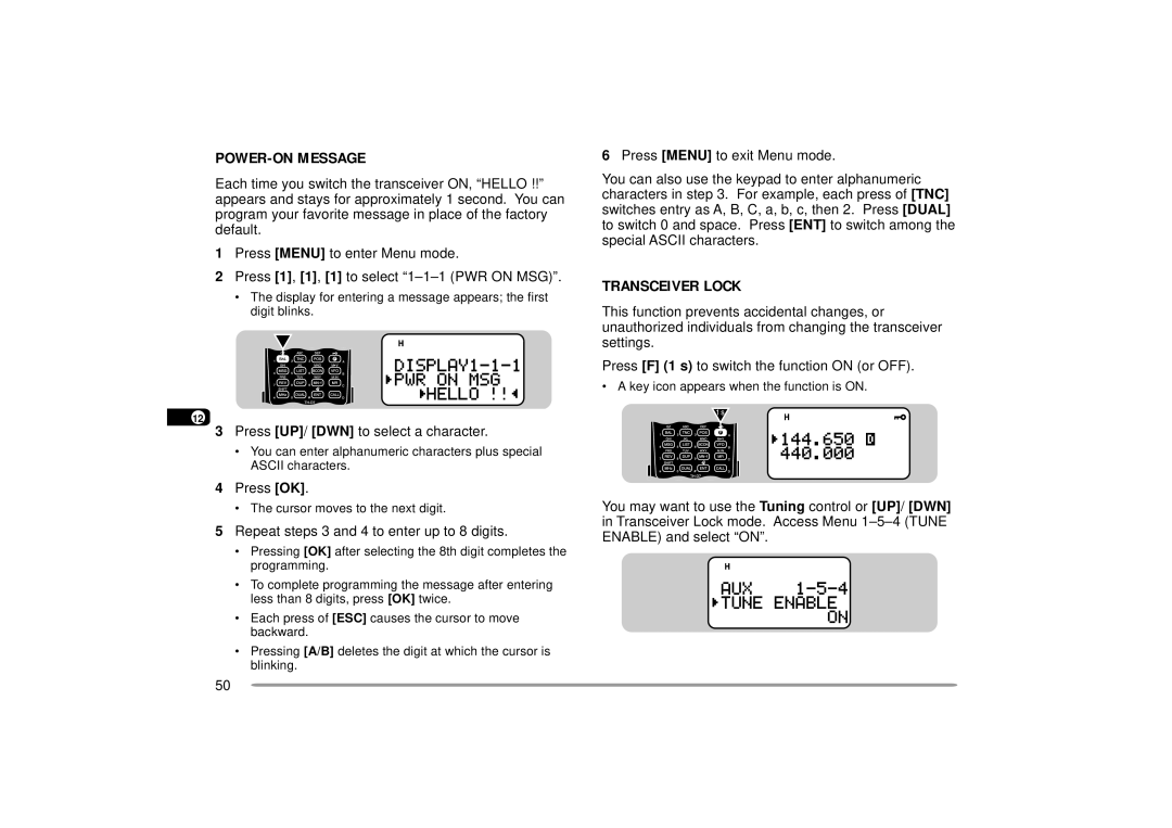 Kenwood 440 MHz TH-D7A, 144 POWER-ON Message, Transceiver Lock, 13 3 Press UP/ DWN to select a character, 15 4 Press OK 