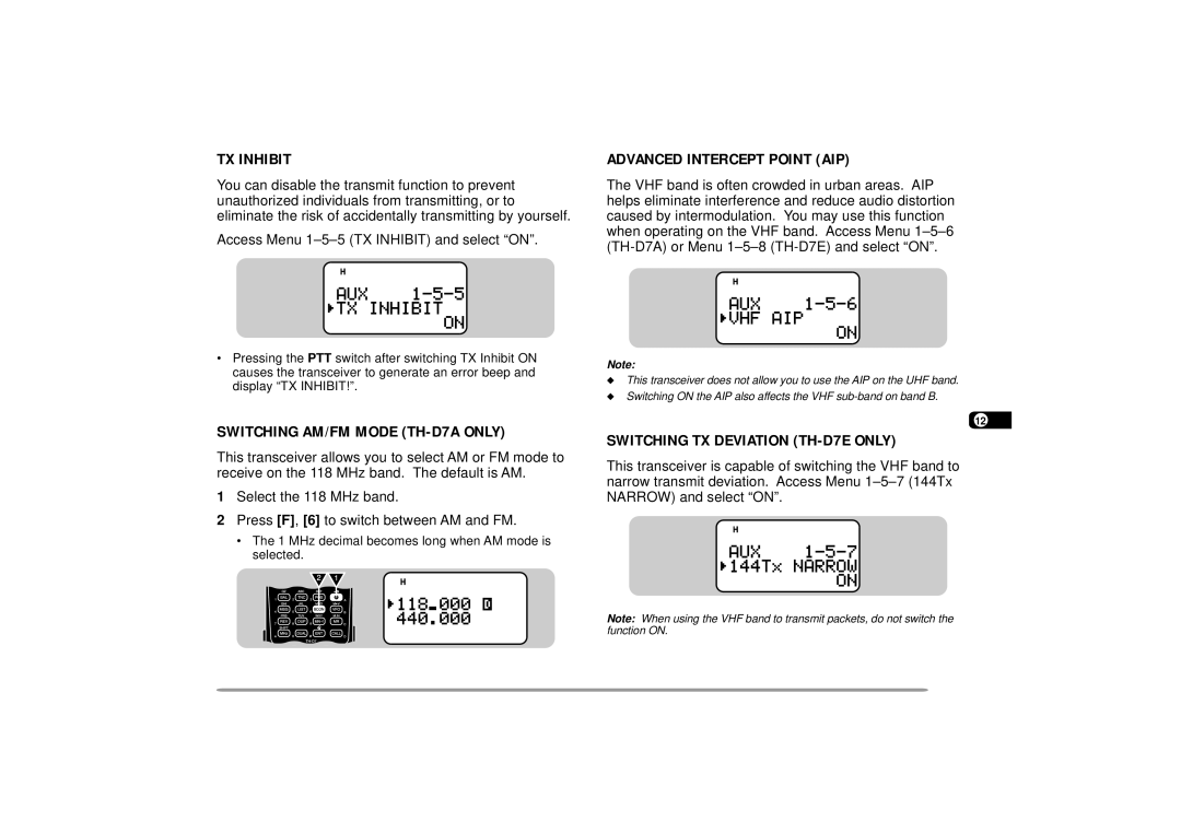 Kenwood 144 TX Inhibit, Switching AM/FM Mode TH-D7A only, Advanced Intercept Point AIP, Switching TX Deviation TH-D7E only 