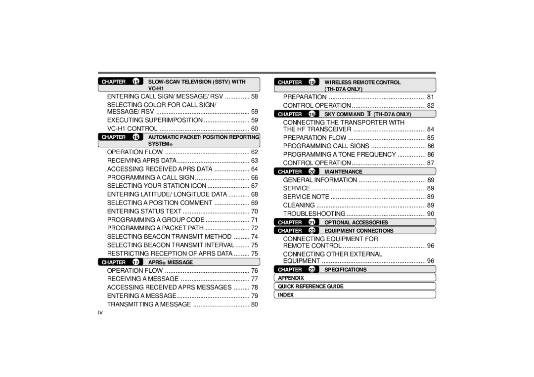 Kenwood 144 System, Aprs Message, Wireless Remote Control TH-D7A only, SKY Command 2 TH-D7A only, Maintenance 