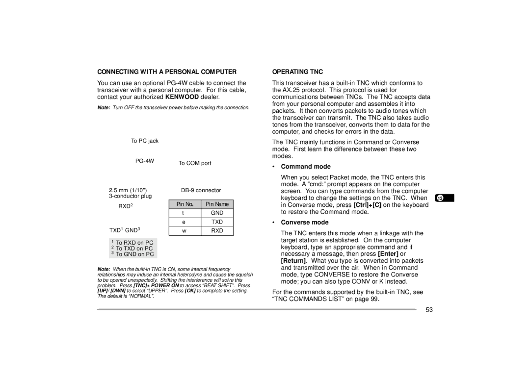 Kenwood 440 MHz TH-D7A, 144 Connecting with a Personal Computer, Operating TNC, Command mode, Converse mode 