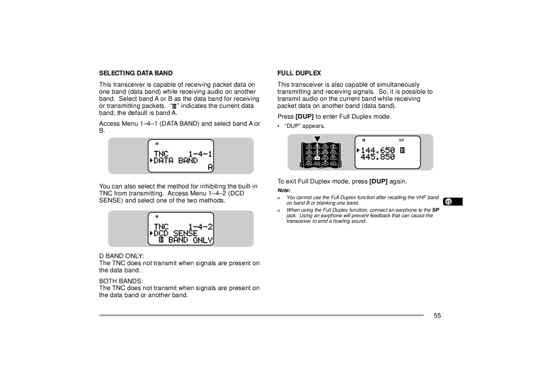 Kenwood 440 MHz TH-D7A, 144 Selecting Data Band, Band only, Both Bands, To exit Full Duplex mode, press DUP again 