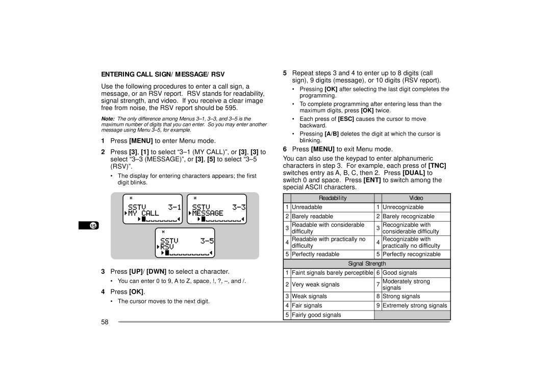 Kenwood 440 MHz TH-D7A, 144 Entering Call SIGN/ MESSAGE/ RSV, 20 3 Press UP/ DWN to select a character, 22 4 Press OK 