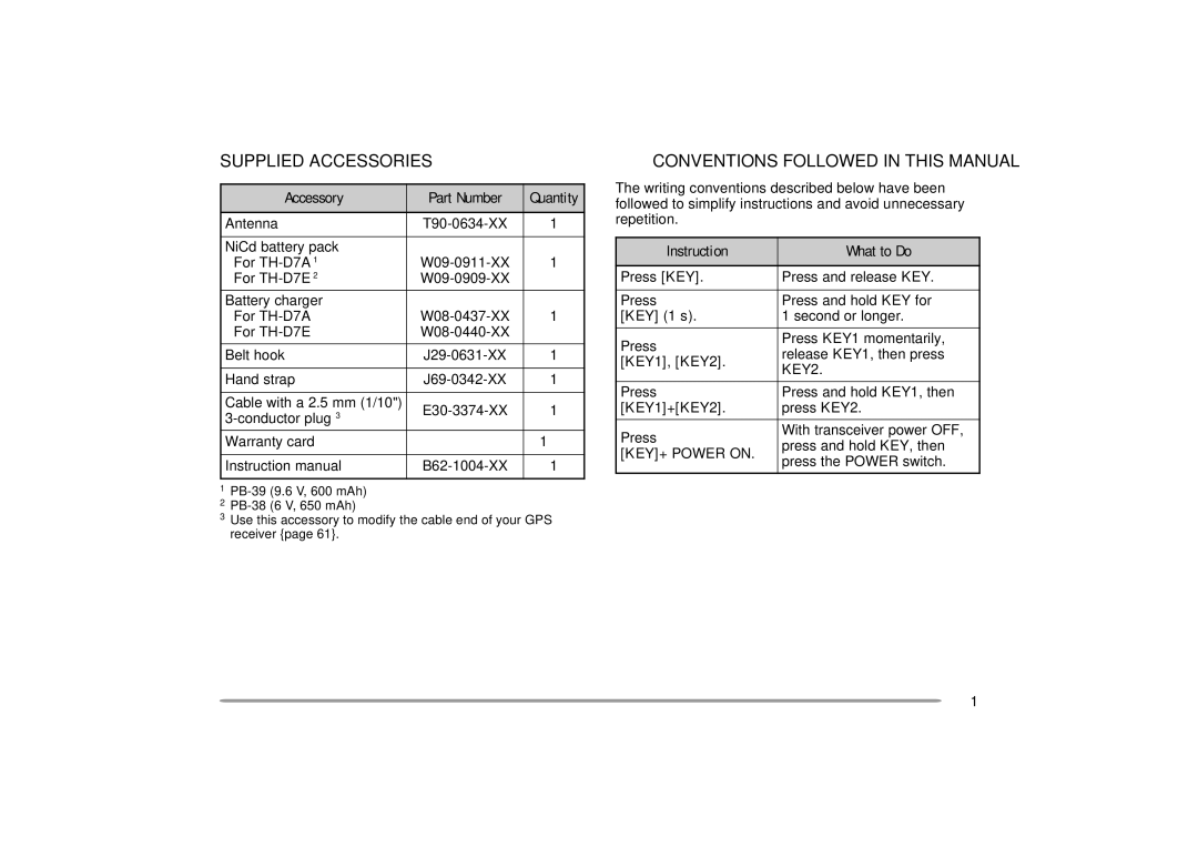 Kenwood 440 MHz TH-D7A, 144 Supplied Accessories, Conventions Followed in this Manual, KEY2, KEY+ Power on 