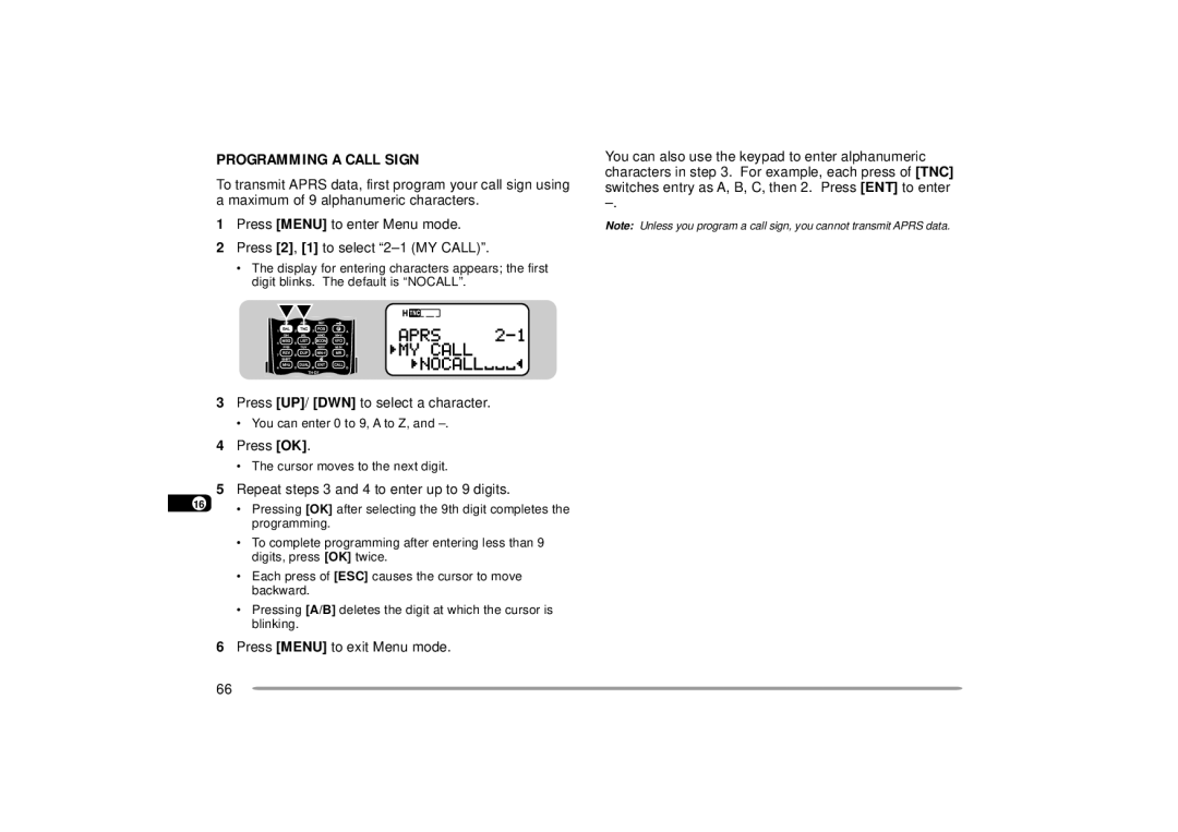 Kenwood 144, 440 MHz TH-D7A Programming a Call Sign, 11 3 Press UP/ DWN to select a character, 13 4 Press OK 