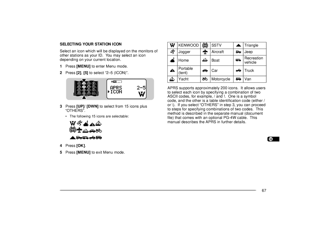 Kenwood TH-D7A, 144 Selecting Your Station Icon, Press UP/ DWN to select from 15 icons plus Others, Kenwood Sstv, Triangle 