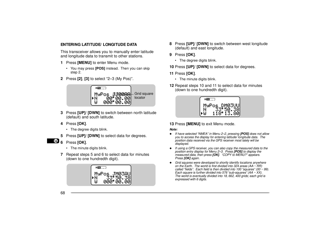 Kenwood 440 MHz TH-D7A Entering LATITUDE/ Longitude Data, Press Menu to enter Menu mode, Press 2, 3 to select 2-3 My Pos 