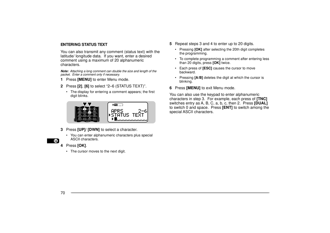 Kenwood 440 MHz TH-D7A, 144 instruction manual Entering Status Text, Press UP/ DWN to select a character, 17 4 Press OK 