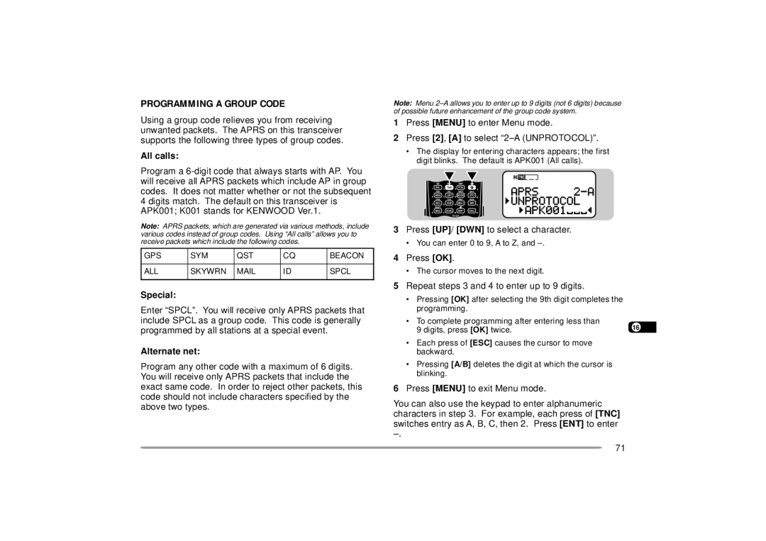 Kenwood 440 MHz TH-D7A, 144 instruction manual Programming a Group Code, All calls, Special, Alternate net 